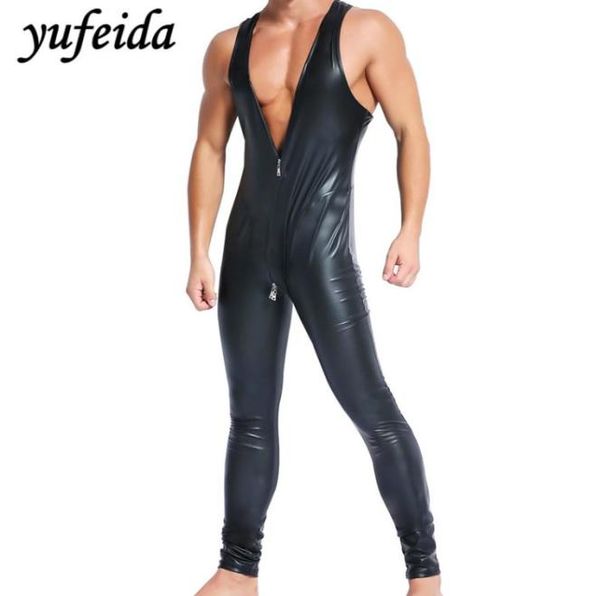 Combinaison homme barboteuse pantalon long une pièce body noir simili cuir PU lutte singulet justaucorps sans manches gilet sous-vêtements 8943918