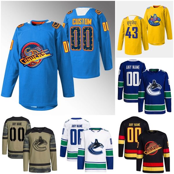 Hombres Niños 43 Quinn Hughes 9 J.T. Camiseta de hockey Miller 18 Sam Lafferty 40 Elias Pettersson Andrei Kuzmenko Casey DeSmith Trevor Linden 2023 Diwali Night Blue Jersey