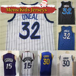 Hommes Enfants Stephen 30 Curry Basketball Jersey Blanc 32 Shaq Shaquille Rétro Bleu Noir Hommes Jeunes Maillots Cousus Nouvel An Cadeaux De Noël Pour Enfants