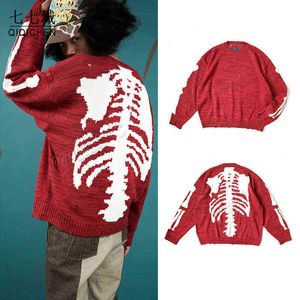 Heren gebreide trui skelet botpatroon truien hiphop vintage oversized pullover o-neck casual rode jumpers universex 2022 t220730