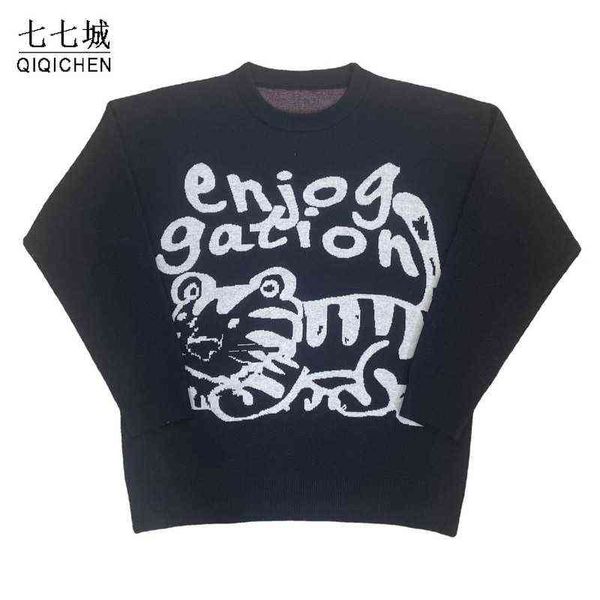 Pull à tricoter pour hommes et femmes, motif de chat de dessin animé, pull tricoté surdimensionné, décontracté, streetwear, en coton, chaud, nouvel automne T220730