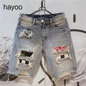 Mens Koreaanse stijl gescheurde gepersonaliseerde binnenvoering gewassen denim shorts zomer stiksel vijfpunt jeans 240329