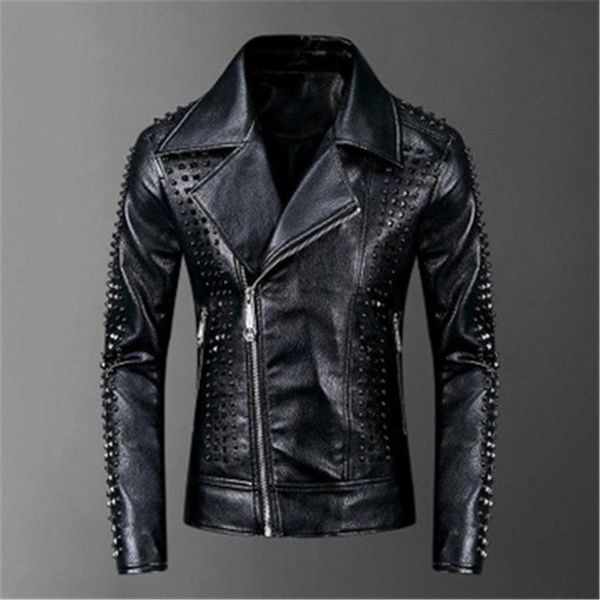 Hommes Revers Cou PU Vestes En Cuir Tendance De La Mode À Manches Longues Rivet Zipper Maigre Survêtement Designer Printemps Mâle Nouveau Slim Veste Décontractée