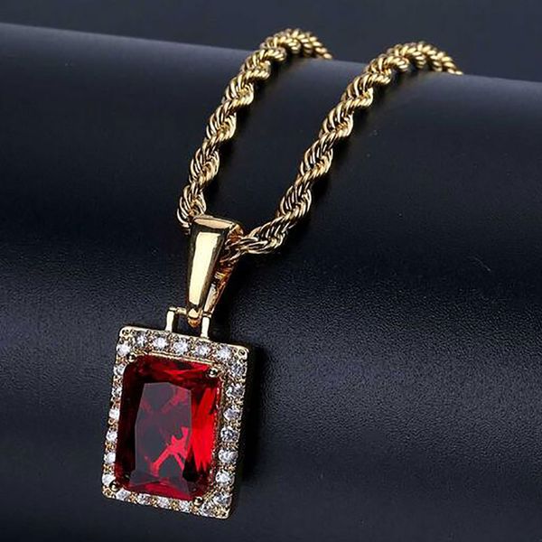 Mens Grand Lab Ruby Rectangle GEM Bling Bling Pendentif Genine Rouge Simulé Ruby Bijoux 18K Collier Plaqué Or Jaune avec Boîte Cadeau