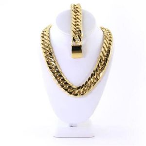 Heren grote dikke 14K vergulde Miami Cubaanse ketting en armband set 21 mm JayZ267h