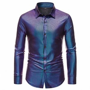 Chemises laser pour hommes Chemise à paillettes Années 70 Disco Party Tops Gold Sier Blouses à carreaux Rainbow Print Lg Sleeve Revers Camisas de Hombre O3ru #