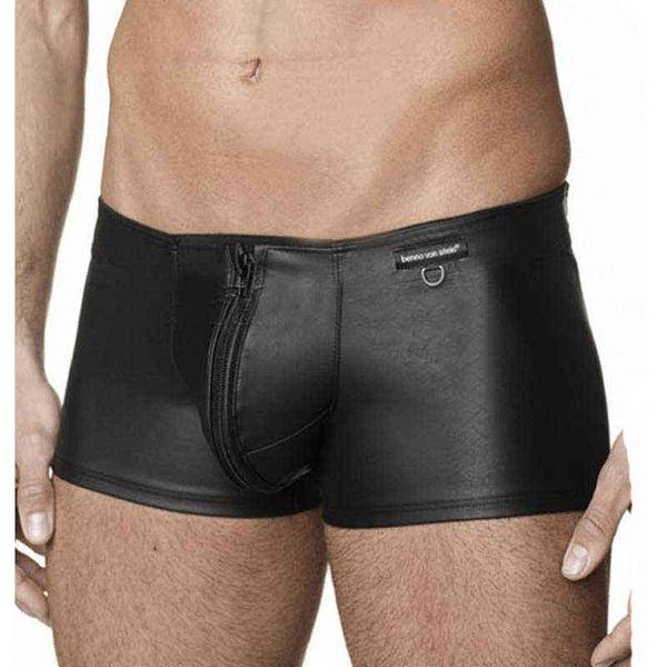 Hommes en cuir Boxer Shorts noir Sexy Zip ouvert entrejambe Boxer Homme Gay Fetish vinyle Club Wear vinyle cuir hommes sous-vêtements boxeurs H1214