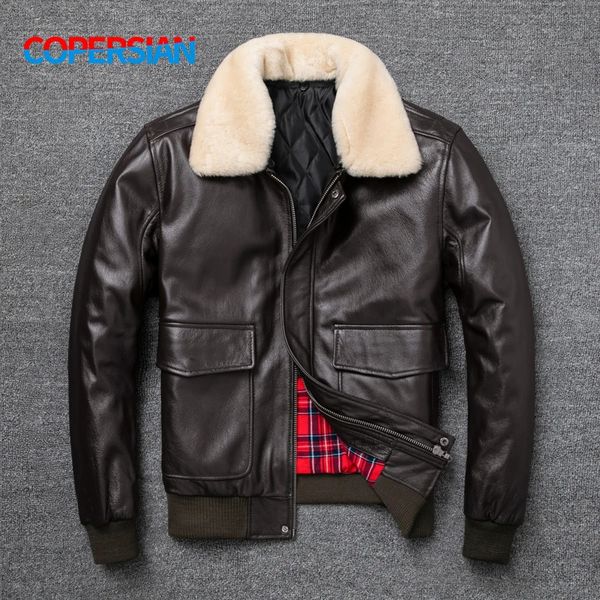 Chaqueta voladora de cuero sintético para hombre, cuello de piel, capa superior de piel de vaca, negro, marrón, invierno, 231118