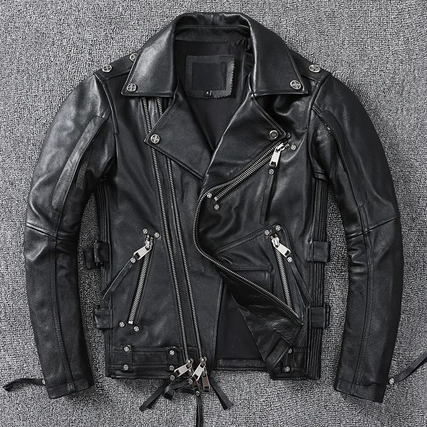 Veste de moto en simili cuir noir pour homme, véritable peau de vache naturelle, coupe cintrée, Vintage, marron, veste de course de motard, fermeture éclair oblique S9XL 231120