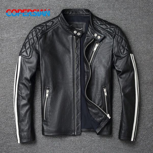 Veste en Faux cuir pour homme, manteau en cuir de vache véritable, à rayures blanches, Cool Biker, Slim, court, vêtements d'automne, 100%, 231120