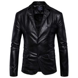 Heren lederen jassen 2 knop formele jurk pakken mode man blazers zwart bruin solide motorfiets jas suede jas mannelijke 211009