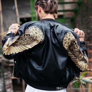 Heren lederen jassen 2019 bomber faux lederen jassen rood zwart PU uitloper gouden vleugels borduurwerk punk motorfiets slanke jas w91