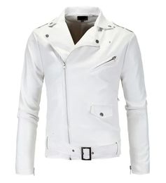 Vestes en cuir pour hommes, blanc, noir, décontracté, revers, coupe cintrée, fermeture éclair diagonale, veste de moto en PU, manteau, vêtements 2023, 240223