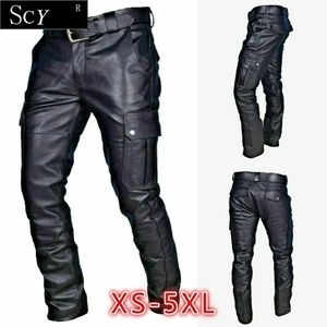 Pantalon de moto en cuir masculin avec poches de cargaison noires sans ceinture 240419