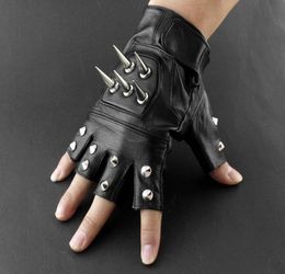 Mens Leather Spike Stud Punk Rocker Driving Motorcycle Biker Fingerless Gloves 2010212888592
