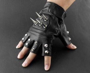 Mens Leather Spike Stud Punk Rocker Driving Motorcycle Biker Fingerless Gloves 2010213941786