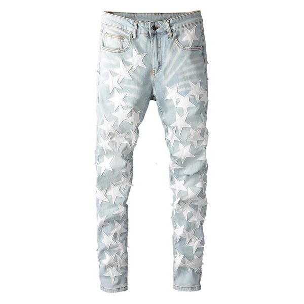 Mens en cuir étoiles Patches Design Jeans Streetwear Patchwork Ripped Stretch Denim Pantal