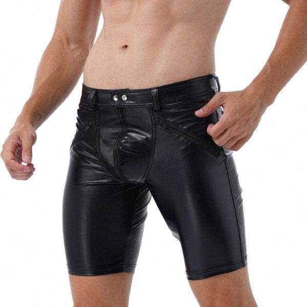 Shorts serrés en cuir pour hommes Fermeture à glissière complète Frt Butt Fermeture à pression Entraînement Gym Pantalon moyen pour entraînement sportif Courir Fitn Q4BJ #