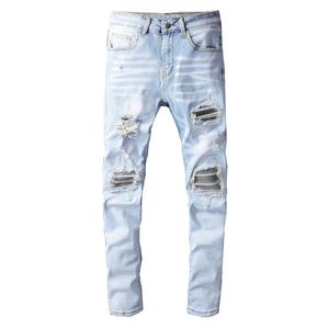 Mens lichtblauw geplooide patch werk elastische denim jeans straat kledinggat scheurpotloodbroek 240508