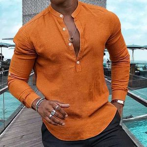 Heren linnen strandoverhemd zwart wit roze lange mouw effen henley lente zomer casual dagelijkse kleding kleding2024