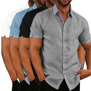 Blusa de lino para hombre Manga corta Botones holgados Verano Sólido Cómodo Puro y lino Casual Camisas de vacaciones sueltas Tee Tops 210708