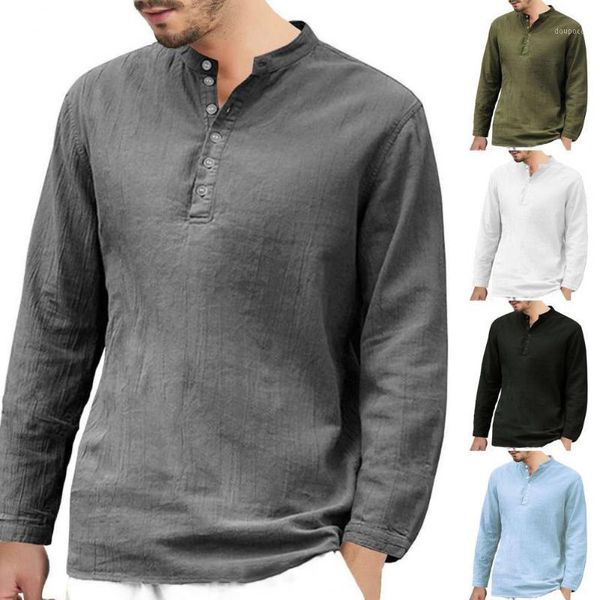 Blusa de lino para hombre, ropa de playa de verano, camisas transpirables holgadas Vintage, cómodas camisetas informales de manga larga de Color sólido para hombre