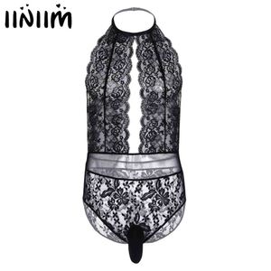 Heren Lingerie Bodysuit Kant Doorzichtige Crossdress Sexy Ondergoed Backless Uitgesneden Sissy Gay Mannelijke Pouch Suspensoirs Nachtkleding