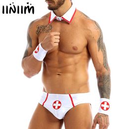 Mens Lingerie Docteur Infirmière Sexy Cosplay Costumes De Jeu De Rôle Outfit Set Fantaisie Clubwear Jockstraps Briefs avec Col Et Manchette 2106162007