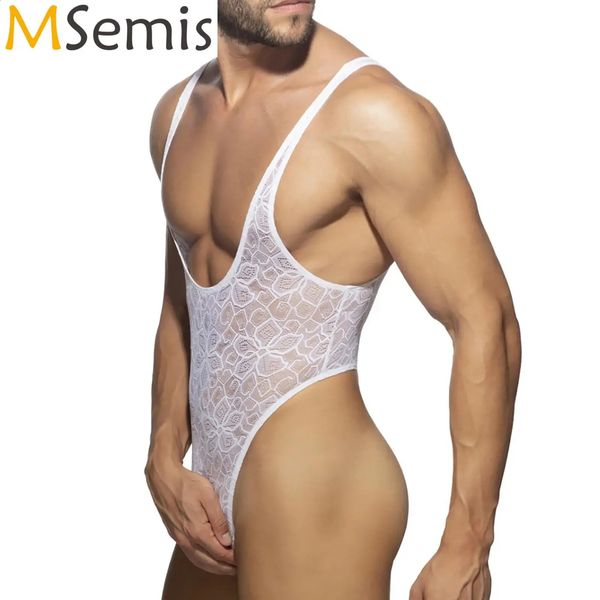 Lencería para hombre Porno Fishnet Teddies Patrón de disfraz Body transparente Cuello redondo profundo Tanga Body ajustado Ropa de dormir muscular 240129