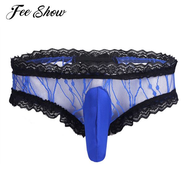 Lingerie pour hommes dentelle à volants coupe fesses ouvertes slips sous-vêtements Sexy hommes Lingerie dentelle transparente maille Bikini slips sous-vêtements