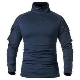 Mans chemise de combat de l'armée à manches longues 1/4 Zipper Ripstop Cotton Military Tactical Shirts Navy Blue Camoufalge Airsoft T-shirts 240325