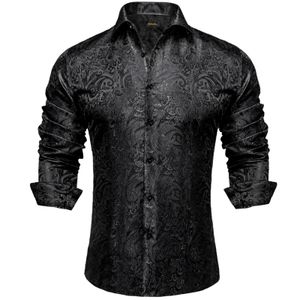 Mentes à manches longues Black Paisley Silk Robe Shirts Casual Tuxedo Social Shirt Luxury Designer Men Vêtements 240419