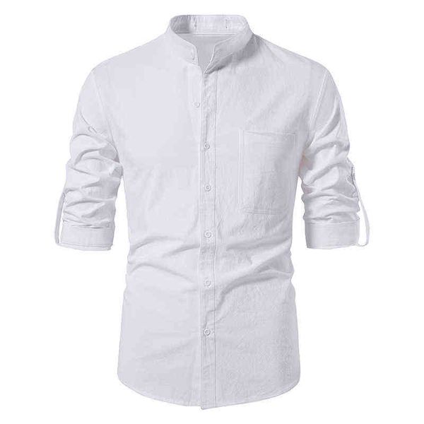 Chemises en lin de coton décontractées à manches longues pour hommes boutonnées d'été chemise de plage unie unie hommes chemise à manches roulantes mâle Camisa L220704