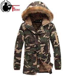 Hommes Long Hiver Camouflage Veste De Fourrure À Capuche Vers Le Bas 2020 Outwear Épais Style Militaire Parkas Mâle Grands Manteaux Armée Vert Camo 3XL A0607