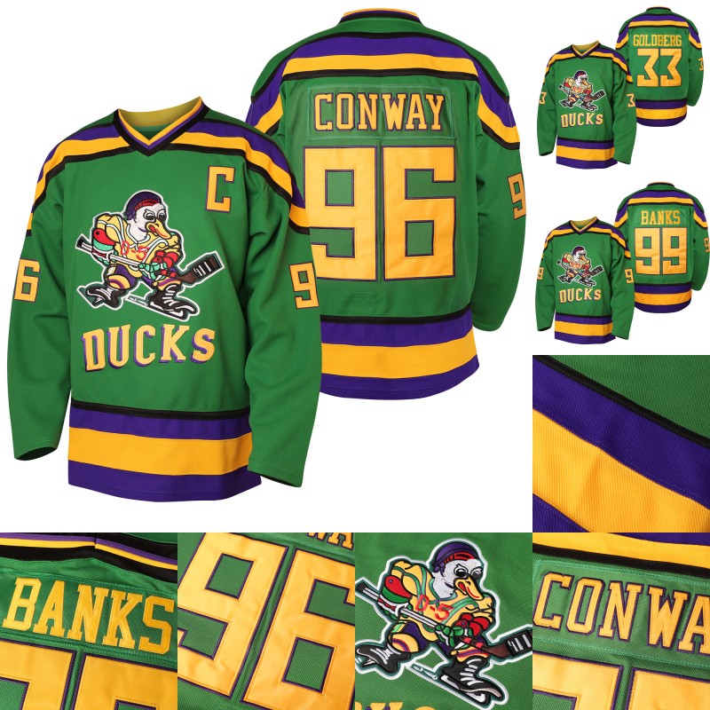 Mens 96 Charlie Conway 1996-06 Mighty Duck Movie Hockey Jersey 33 Greg Goldberg 99 Adam Banks Anaheim Duck Ice Hockey Jerseys Green White S-XXXL