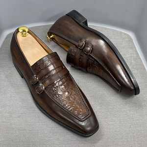 Mens luxe casual schoenen monnik riem koe lederen krokodil print slip op loafer jurk schoenen trouwfeest formeel voor mannen