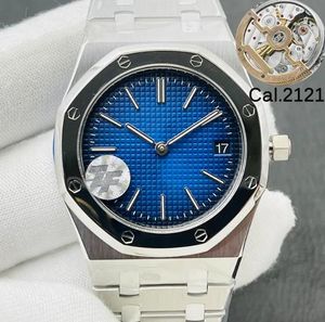 Heren luxe ETA zilveren horloge Cal.2121 beweging 39 mm 15202 904L roestvrij staal blauwe wijzerplaat 5 bar waterdichte automatische horloges alle sub-wijzerplaten werken