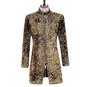 Hommes de luxe or brillant longue Blazer veste marque col montant fermeture éclair costume veste hommes fête spectacle scène bal chanteur Costumes 240306