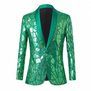 Hommes de luxe vert paillettes blazer veste châle revers un bout brillant costume de fête de mariage vestes dîner smoking blazer B8FU #