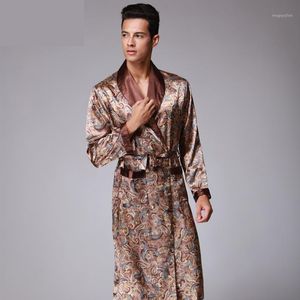 Mens Luxury Paisley Pattern Peignoir Kimono Robes V-cou Faux Silk Male Sleepwear Nightwear Male Satin Bath Robe1