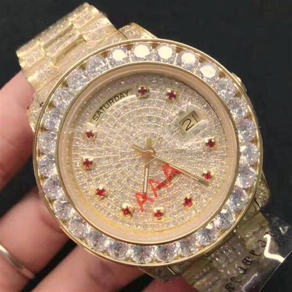 Mens Luxury President Day-Date 18K Gold Watch Big Bezel Face Full Diamond Strap Acier Inoxydable Casual Hommes Automatique Mécanique Wr218j