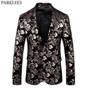 Hommes De Luxe Rétro Vintage Costume Blazer Revers Velours Blazers Hommes Slim Fit Or Motif Floral Robe Costumes pour Le Dîner De Mariage 210522