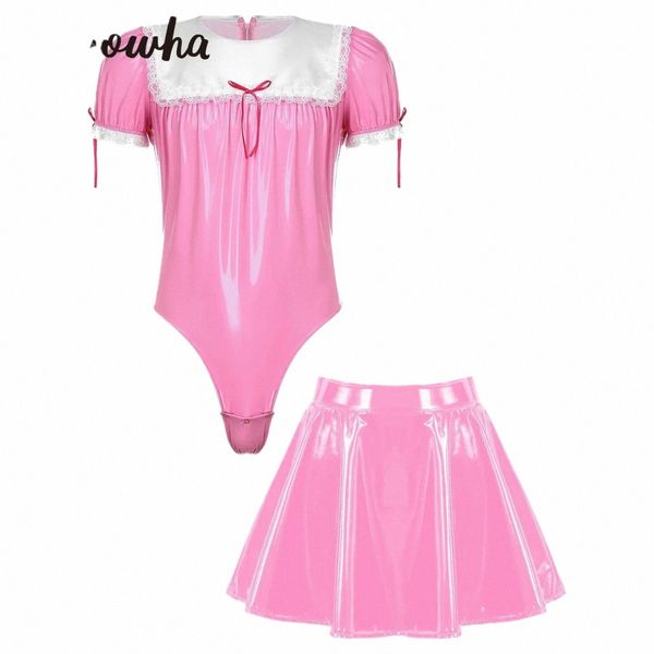 Mens Maid Cosplay Costume en cuir verni manches bouffantes Body justaucorps jupe évasée Sissy Crossdrer Party Dr Up Clubwear y3Lm #