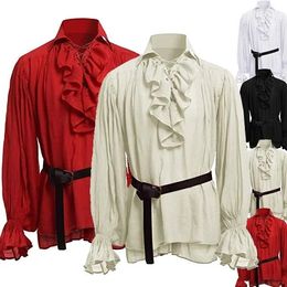 Chemises médiévales pour hommes, Costume de poètes de la Renaissance, capitaine de Pirate Viking, hauts à lacets et à volants, chemise à col sable, 240219