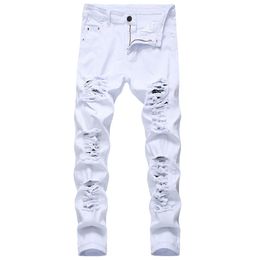 Heren Herenjeans Wit Zwart Distressed Holes Skinny Jeans Volledige lengte Denim Broek Street Style Broeken Groothandel