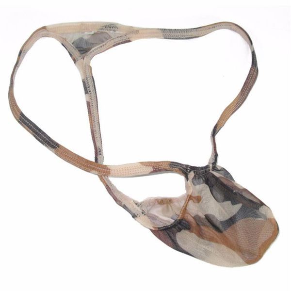 Hommes maille renflement poche string G4030 Sexy G-string t-back motif camouflage imprimé sous-vêtements Sexy voir Through278h