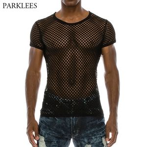 Mens mesh seethrough fishnet t shirt mode sexy short mouw niglub slijtage t -shirt mannen feest uitvoeren streetwear tops 220616