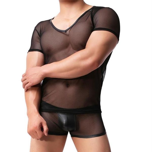 Camiseta de malla para hombre Entrenamiento de gimnasia Sheer Top Clubwear Sexy Ropa interior transparente para hombres Conjunto Boxers Shorts Ver a través de ropa sexy para hombres 286L