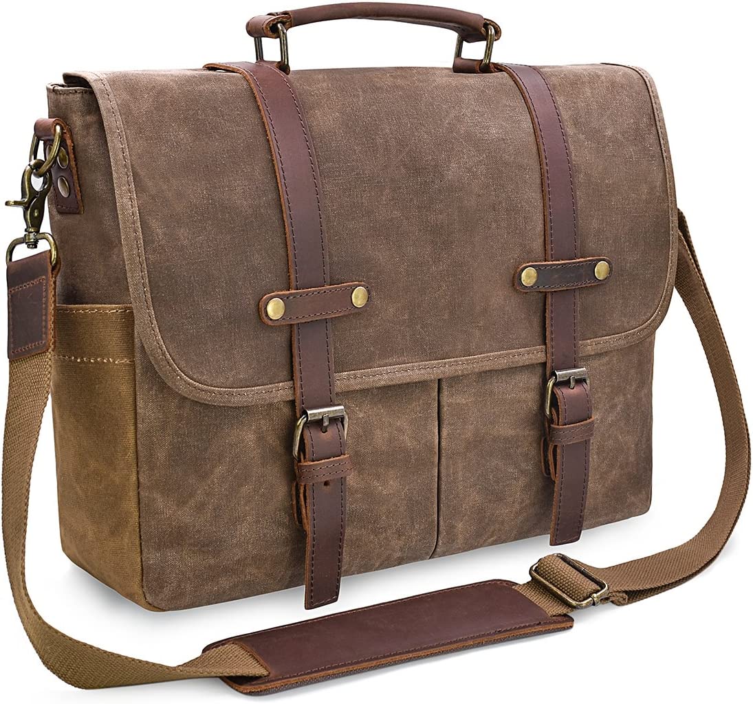 Mens Messenger Bag 15,6 tum vattentät vintage äkta lädervaxad duk portfölj stor läder dator bärbar väska robust satchel axelväska, brun