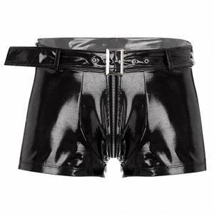 Heren Metallic Lakleer Shorts met Riem Sexy Rits Kruis Boxers Ondergoed Nachtclub Paaldansen Hot Pants Nachtkleding m6tn #